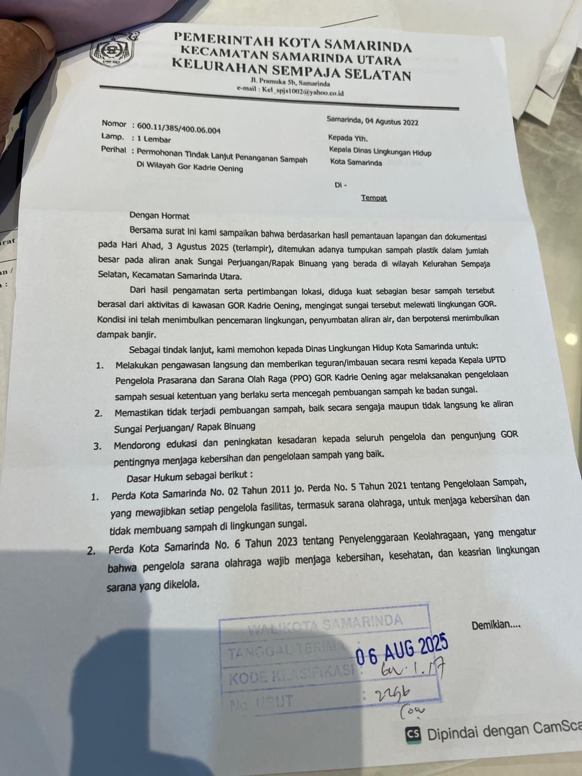 Surat dari Kelurahan Sempaja Selatan terkait dugaan pembuangan sampah plastik dari aktivitas di GOR Kadrie Oening.